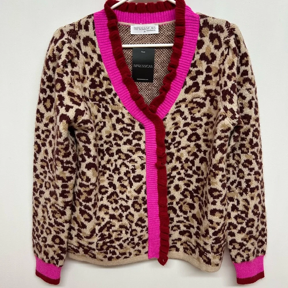 NWT. Impressions Beige Leopard Cardigan with Hot Pink & Burgundy Trim Size M